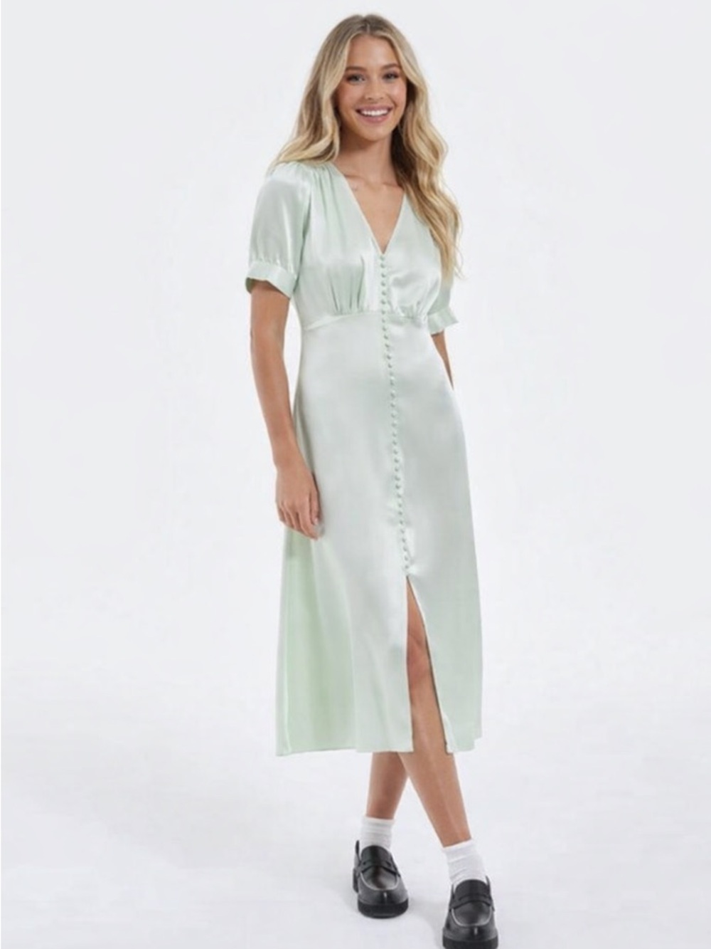 New! The Kooples Crazy Shiny Satin Midi Dress Size 4 sage green 38246